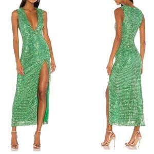 H:OURS REVOLVE Mahlia Maxi Dress in‎ Green Sequined Deep V-Neck Slit Party XS